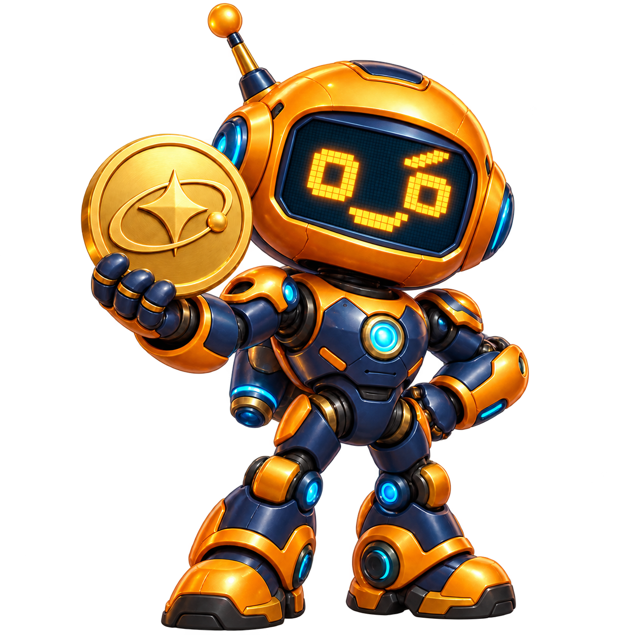 Galaxy Bot Poker amber and navy space robot with a smiling amber pixel face, holding a gold star coin
